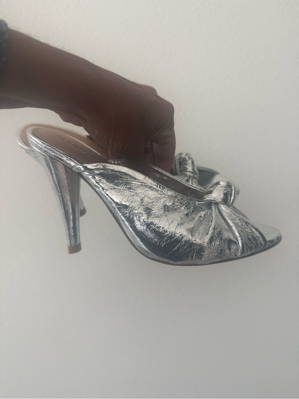 Veronica Beard Metallic Silver Knot-Detail Stiletto Mule